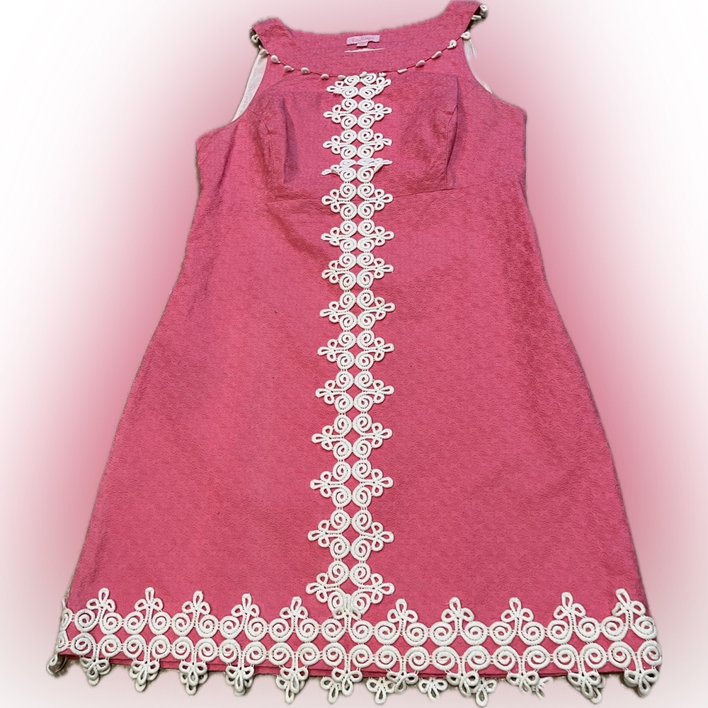 Lilly Pulitzer Dress Hot Pink Sleeveless Mini with White Lace Trim -Size 10 - Picture 5 of 13